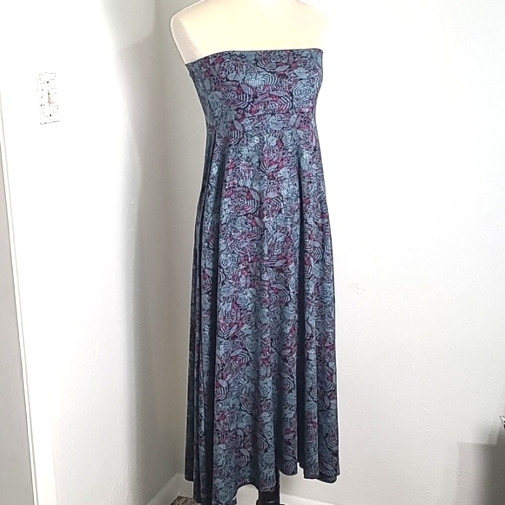 LulaRoe Strapless High-Low Midi-Dress, Stone Blue w/Rose Pink/Black Floral Sz XS
